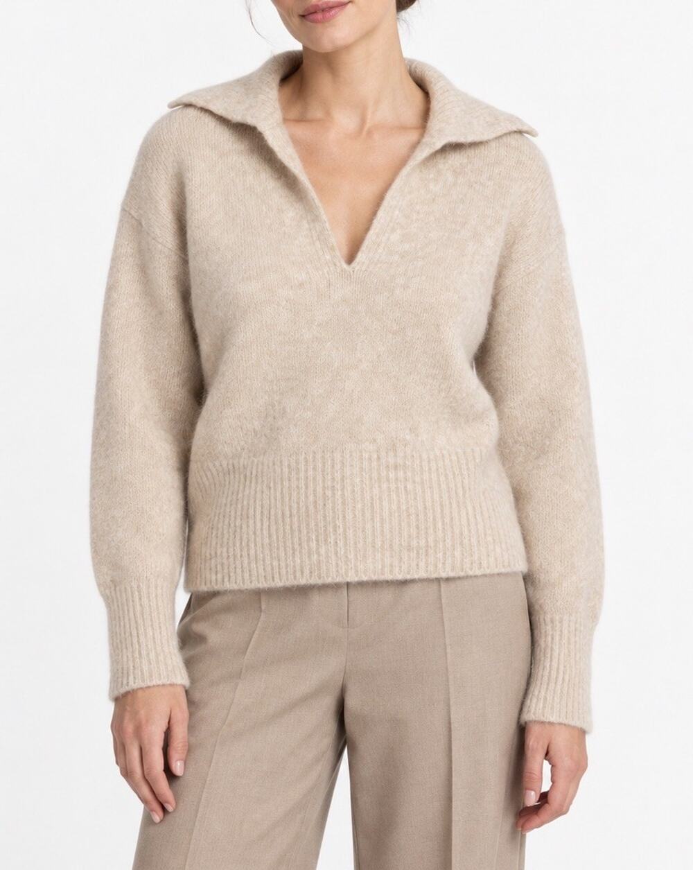 Vince Alpaca Wool Blend Sweater S Beige Collared V Neck Pullover